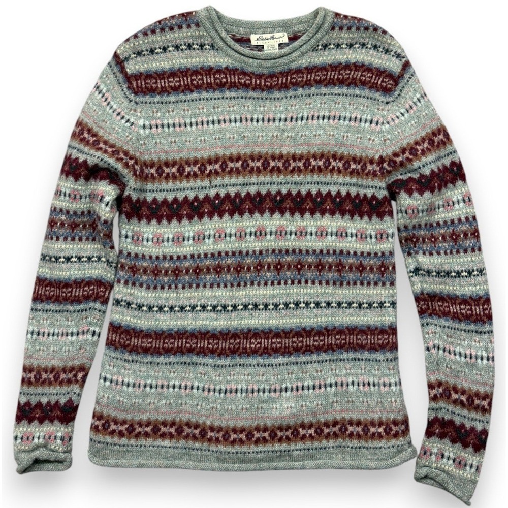 Vtg Eddie Bauer Fair Isle Sweater Womens M Gray Red‎ Wool Nordic Knit Roll Neck